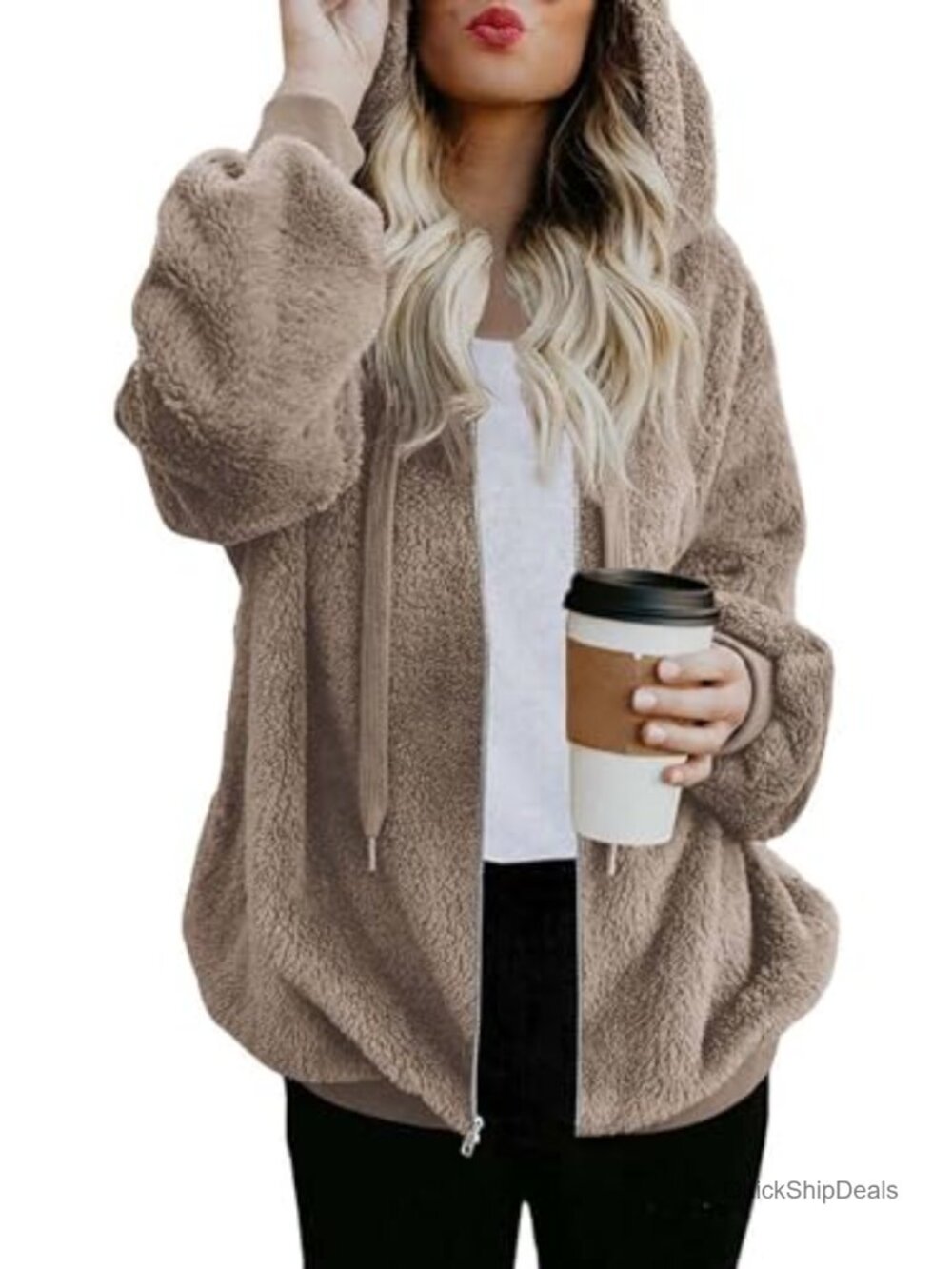 Women's Sherpa Fleece Zip Up Hoodie Oversized Fuzzy Jacket